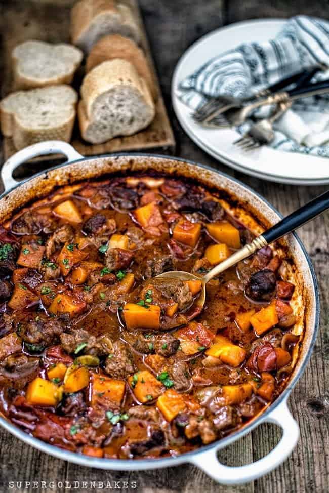 Big pot of red vietnamese lemongrass beef stew