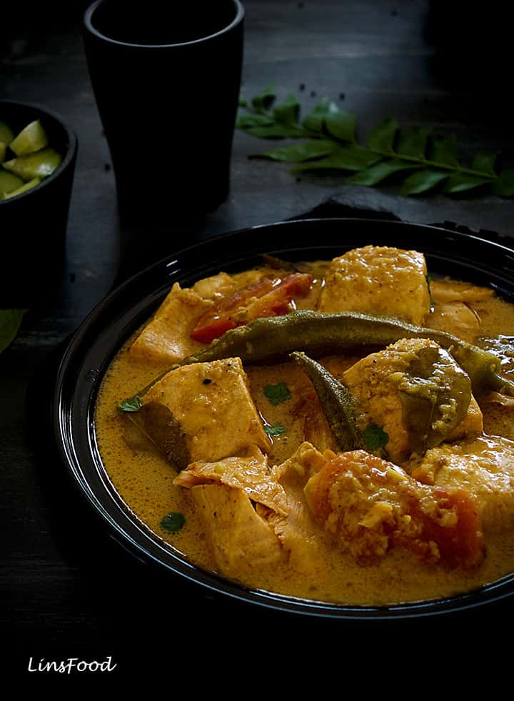 A bowl of Indian fish curry made with curry leaves