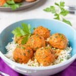 Bowl of rice with soy and 5 spice powder salmon meatballs