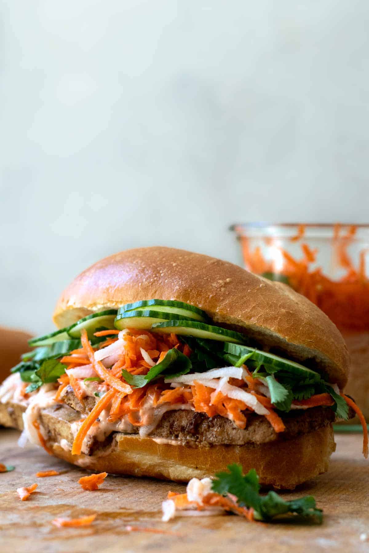 A vegan banh mi sandwich using tofu