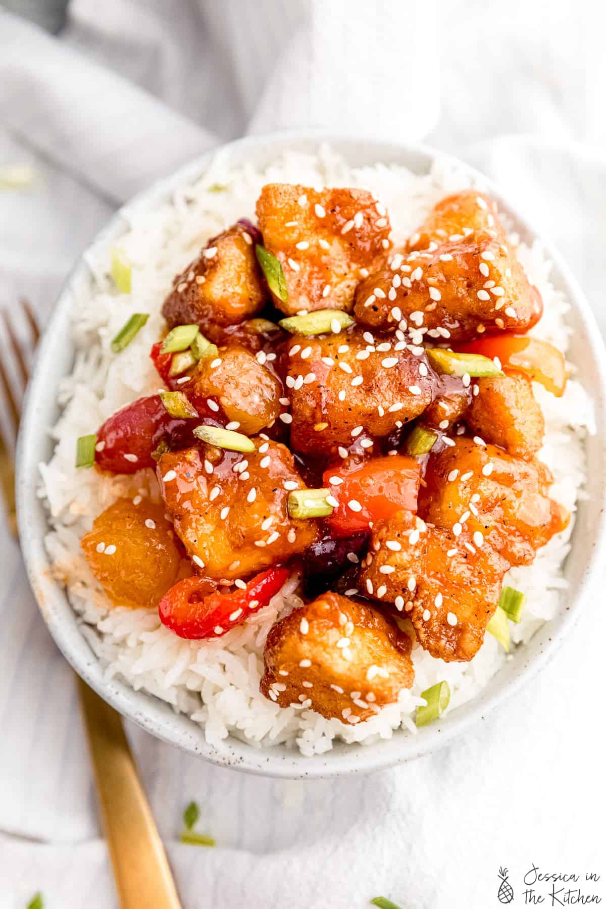 A plate of vegan sweet and sour tofu