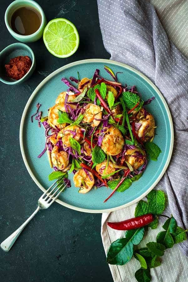 A Thai inspired prawn salad with makrut lime leaf