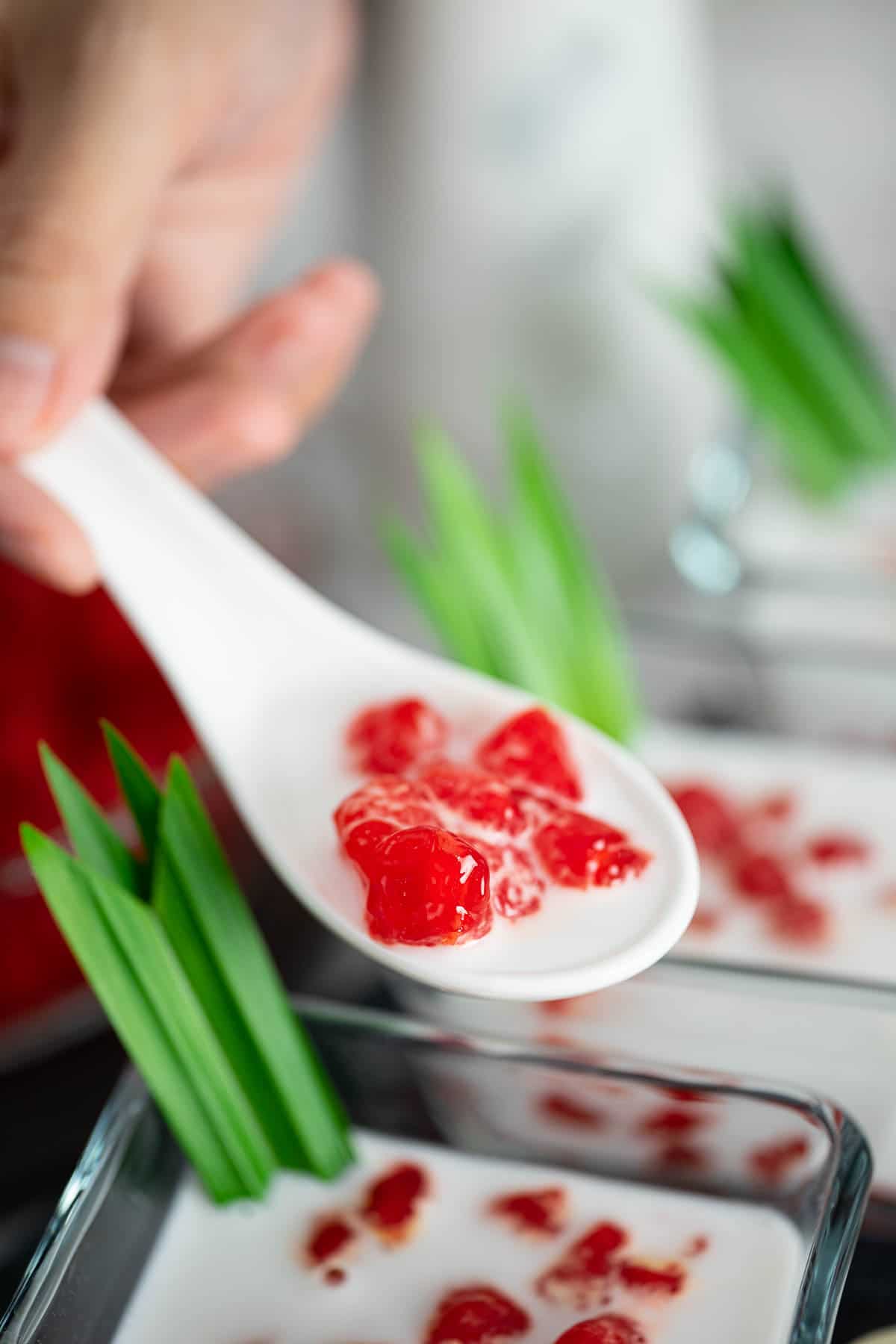 A scoop of Thai red rubies dessert