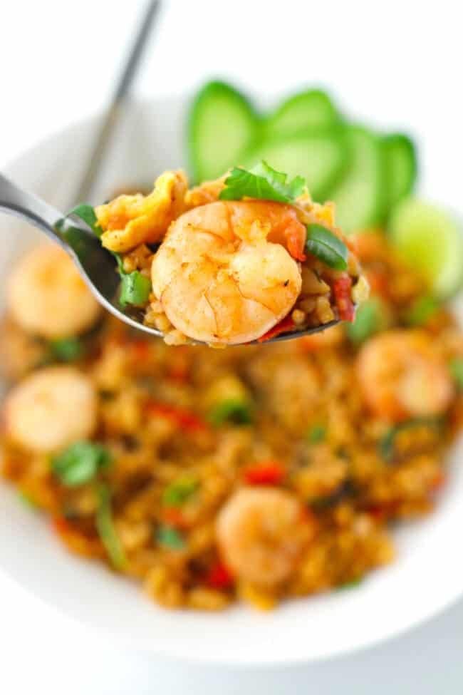A plate of Thai inspired fried rice with shrimps