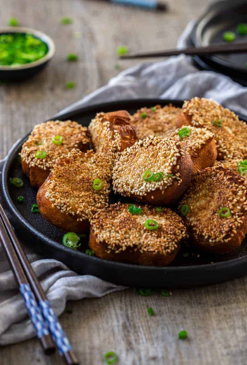 A plate of vegan tofu sesame toast