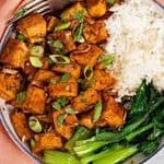 A vegan rice bowl with box choy and tofu adobo