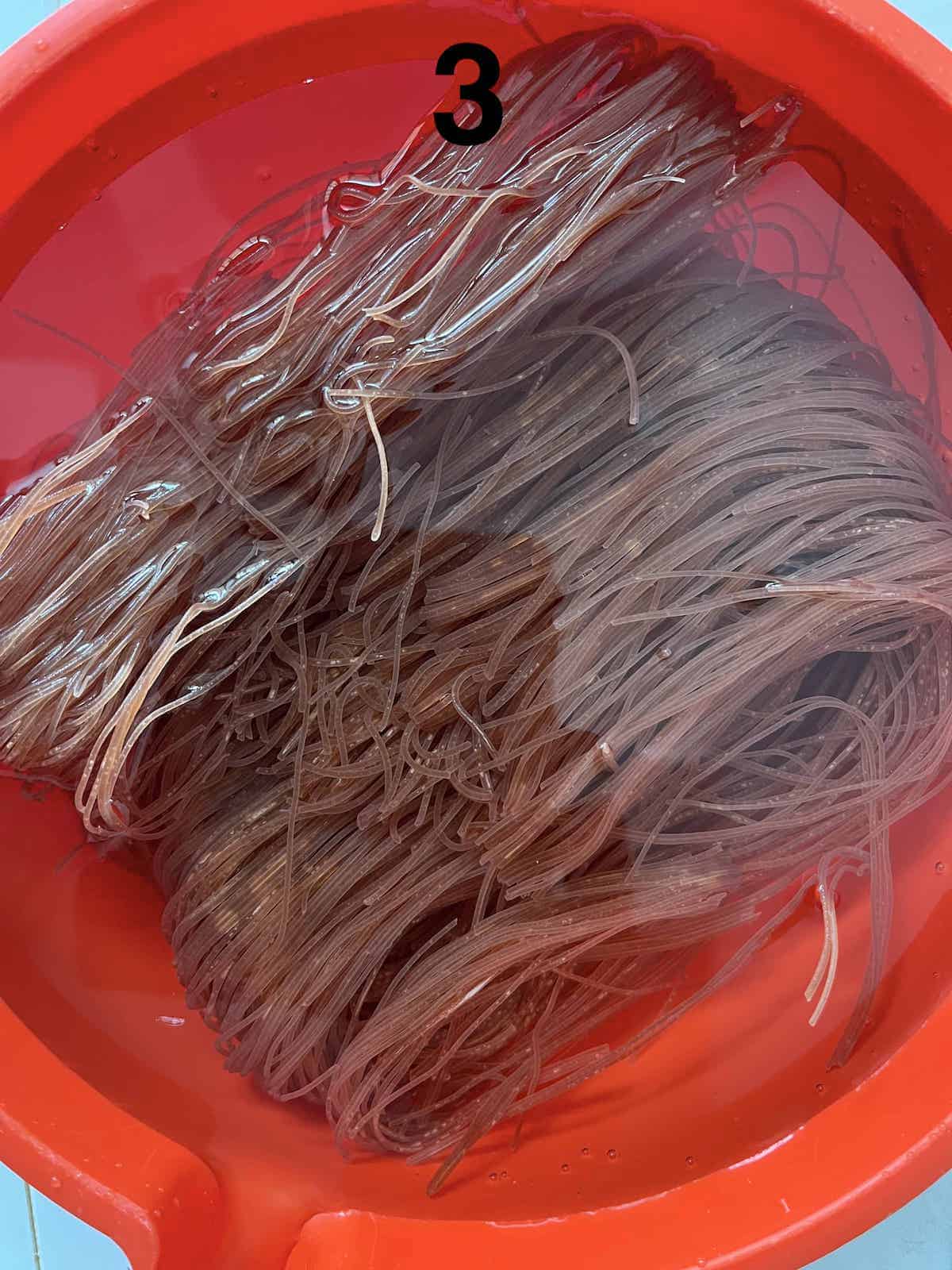 Blanching the bihun in hot water to soften the noodles.