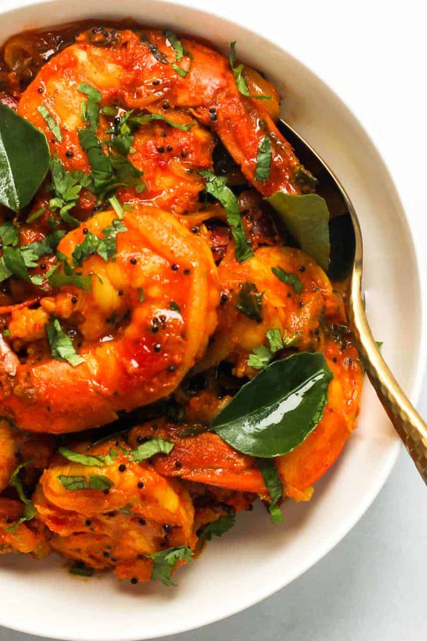 A close up of a bowl of malabar shrimp stew