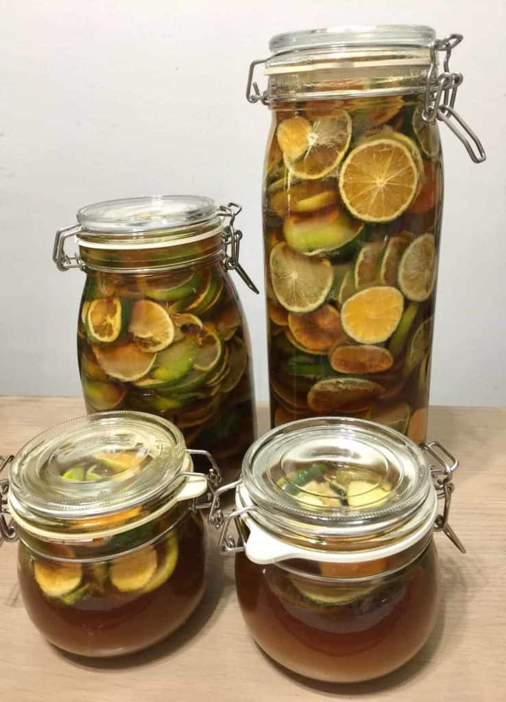 4 jars of Korean green tangerine syrup waiting to mature after 1 week