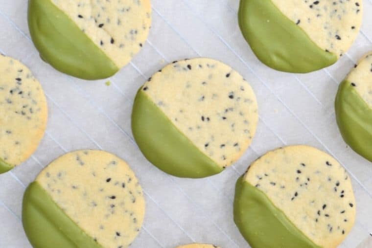 Rows of homemade black sesame and matcha shortbread cookies