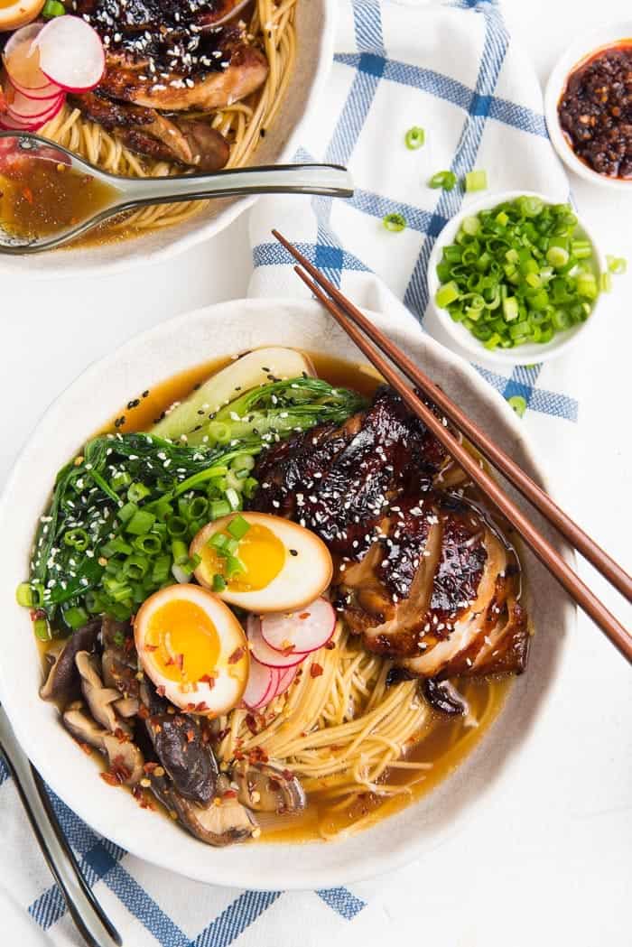 A bowl of leftover rotisserie chicken ramen.