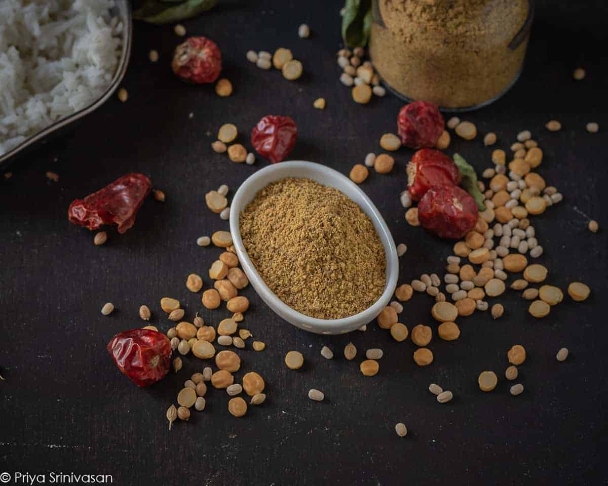 A moody shot of kaffir lime leaf powder rice mix.