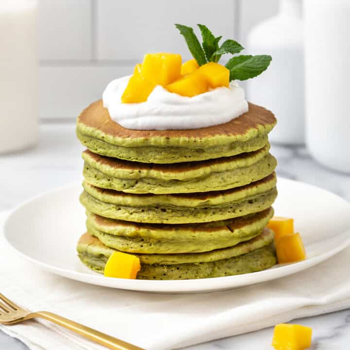 A stack of matcha flavoured pancakes