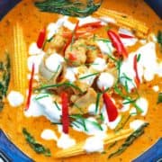 Close-up of orange Panang curry.