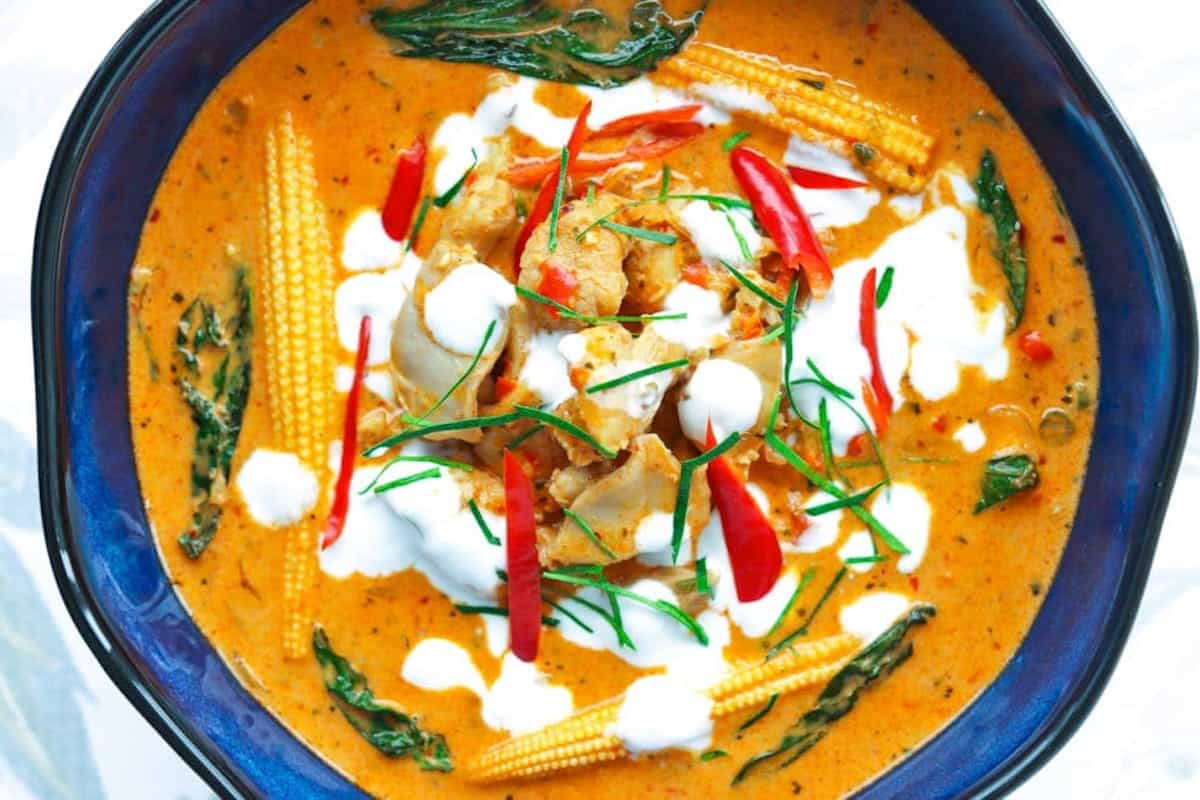 Close-up of orange Panang curry.