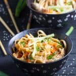 2 bowls of noodles in sesame peanut sauce with leftover chicken or turkey