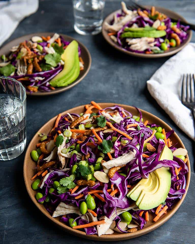 3 plates of leftover chicken Asian-inspired salad