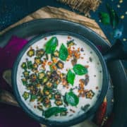 A moody shot of an okra pachadi.