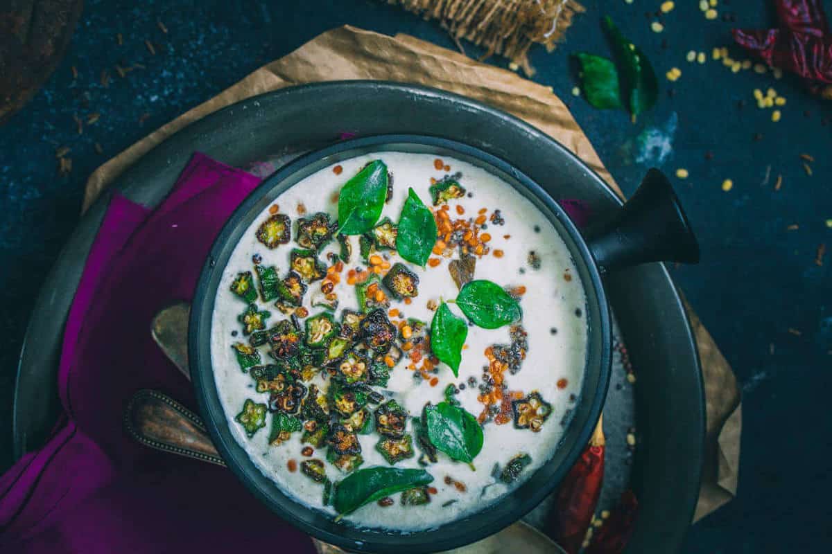 A moody shot of an okra pachadi.