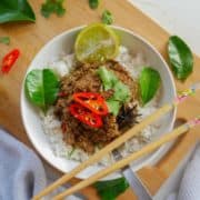 Malaysian beef rendang on a white plate.