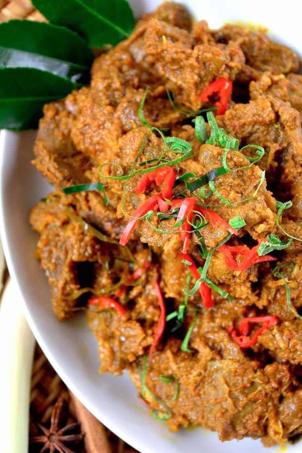 Close-up of Malaysian beef rendang curry,