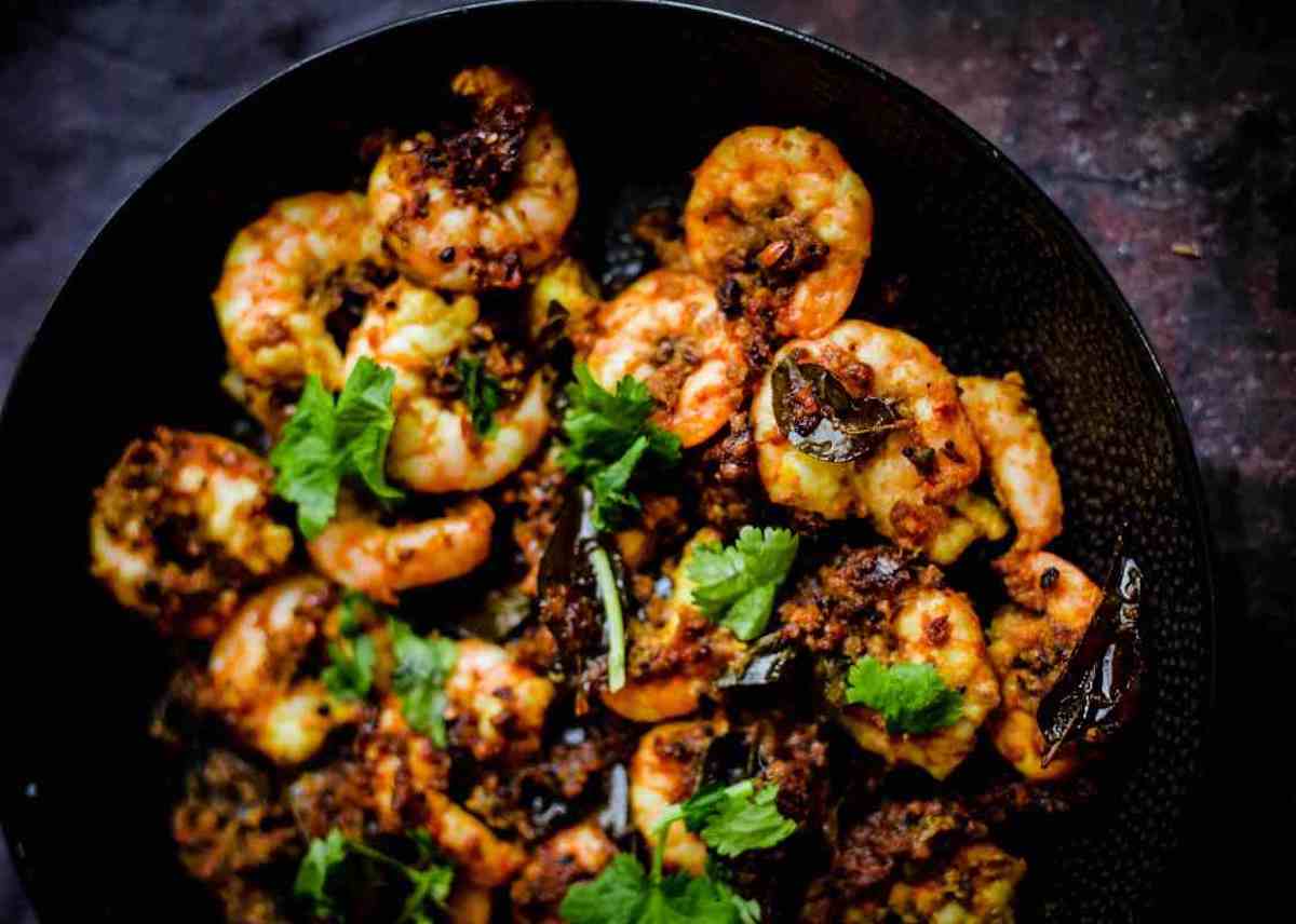 Overhead shot of prawns cooked in ghee.