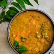 Tamarind and lentil sambar in a bowl.