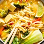 Close-up of Asian soup noodles in a. bowl.