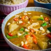 Close-up of a bowl of Thai Massaman curry.