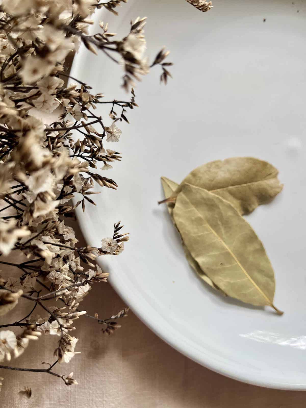 2 dried bay leaves on a white plate.
