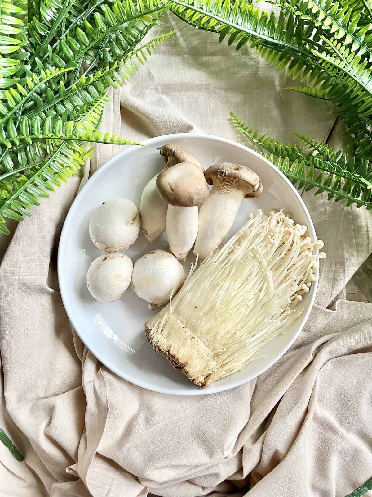 White button mushrooms, eryngii mushrooms and enoki mushrooms on a white plate.