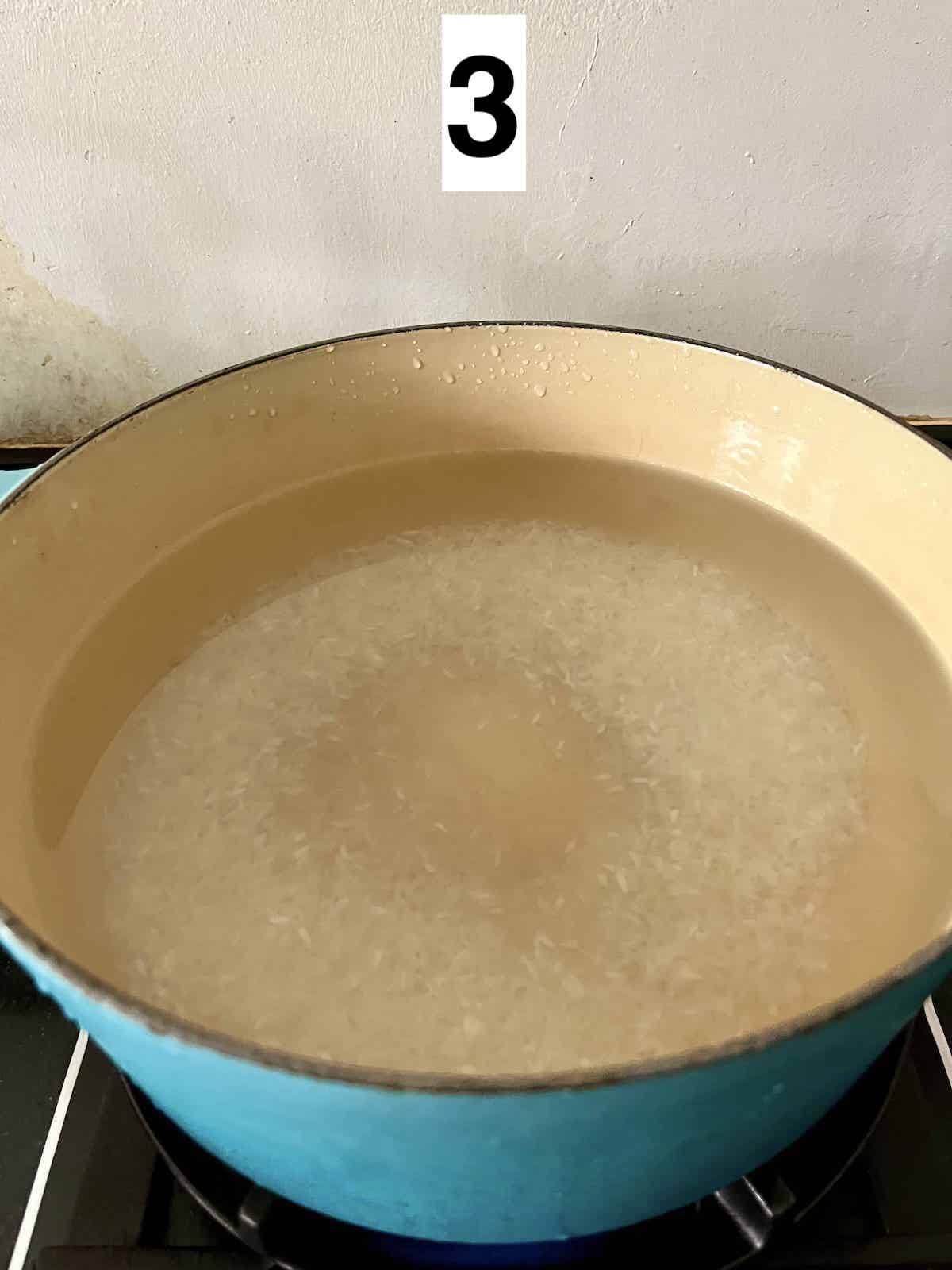 Bringing a pot of water and rice to the boil.