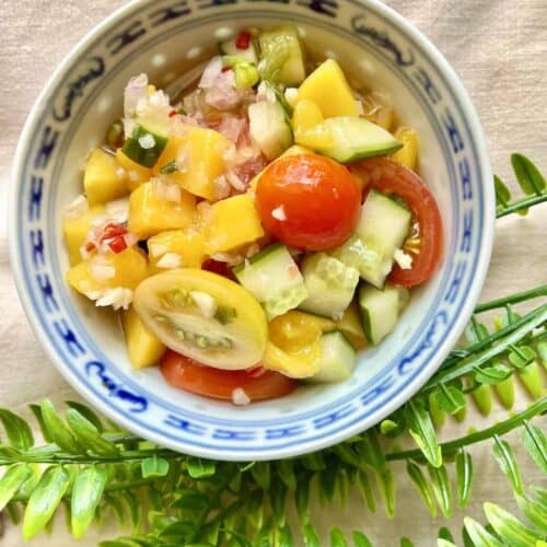 A bowl full of mangoes, tomatoes and cucumber salad.