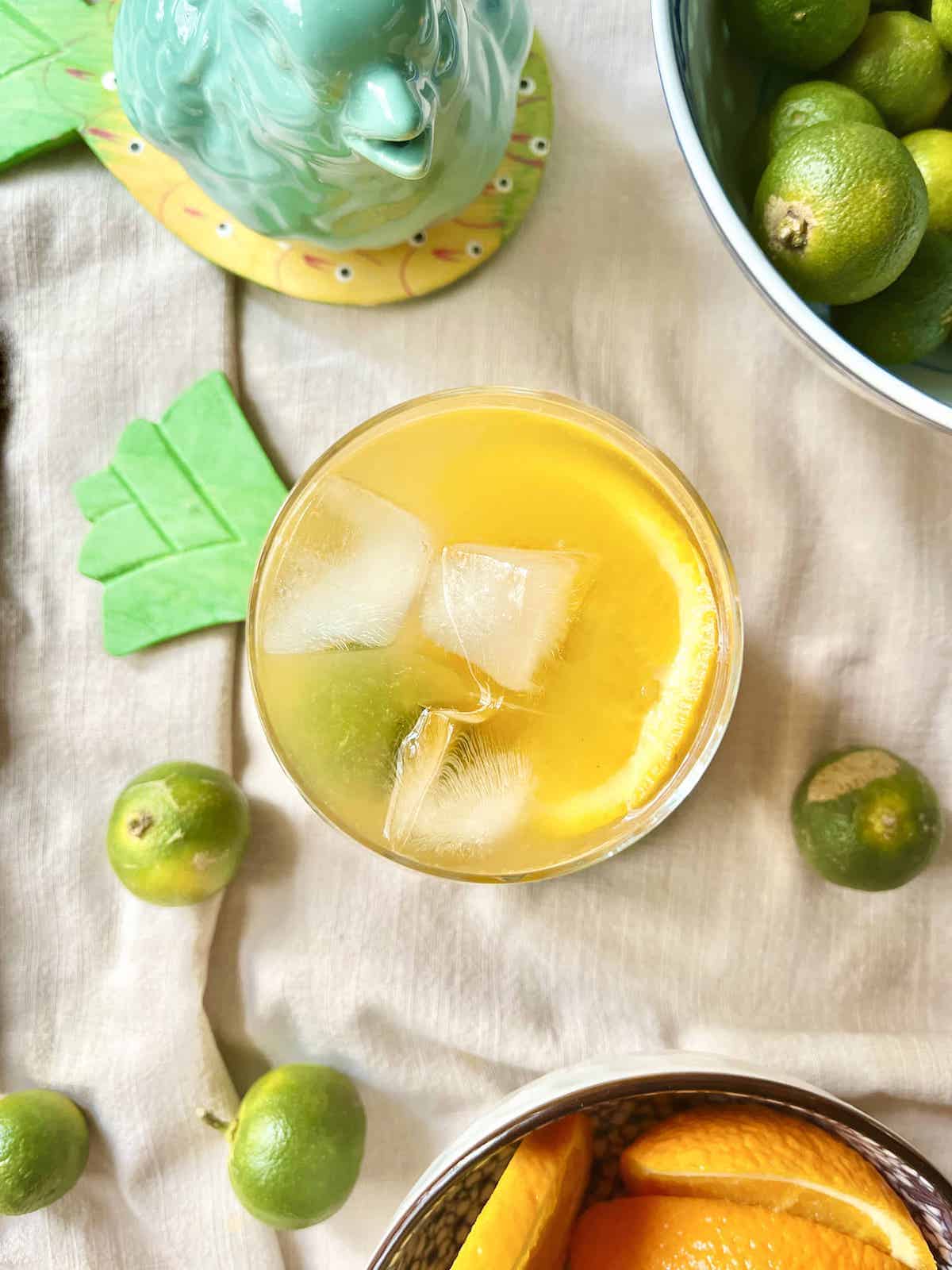 Overhead shot of homemade Iced Calamansi juice lemonade.