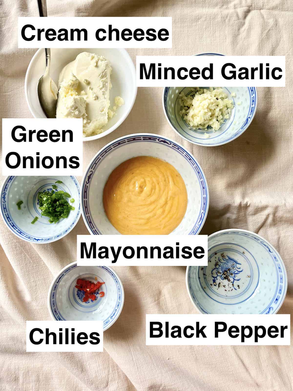 The ingredients for philadelphia cream cheese dip on a cloth.