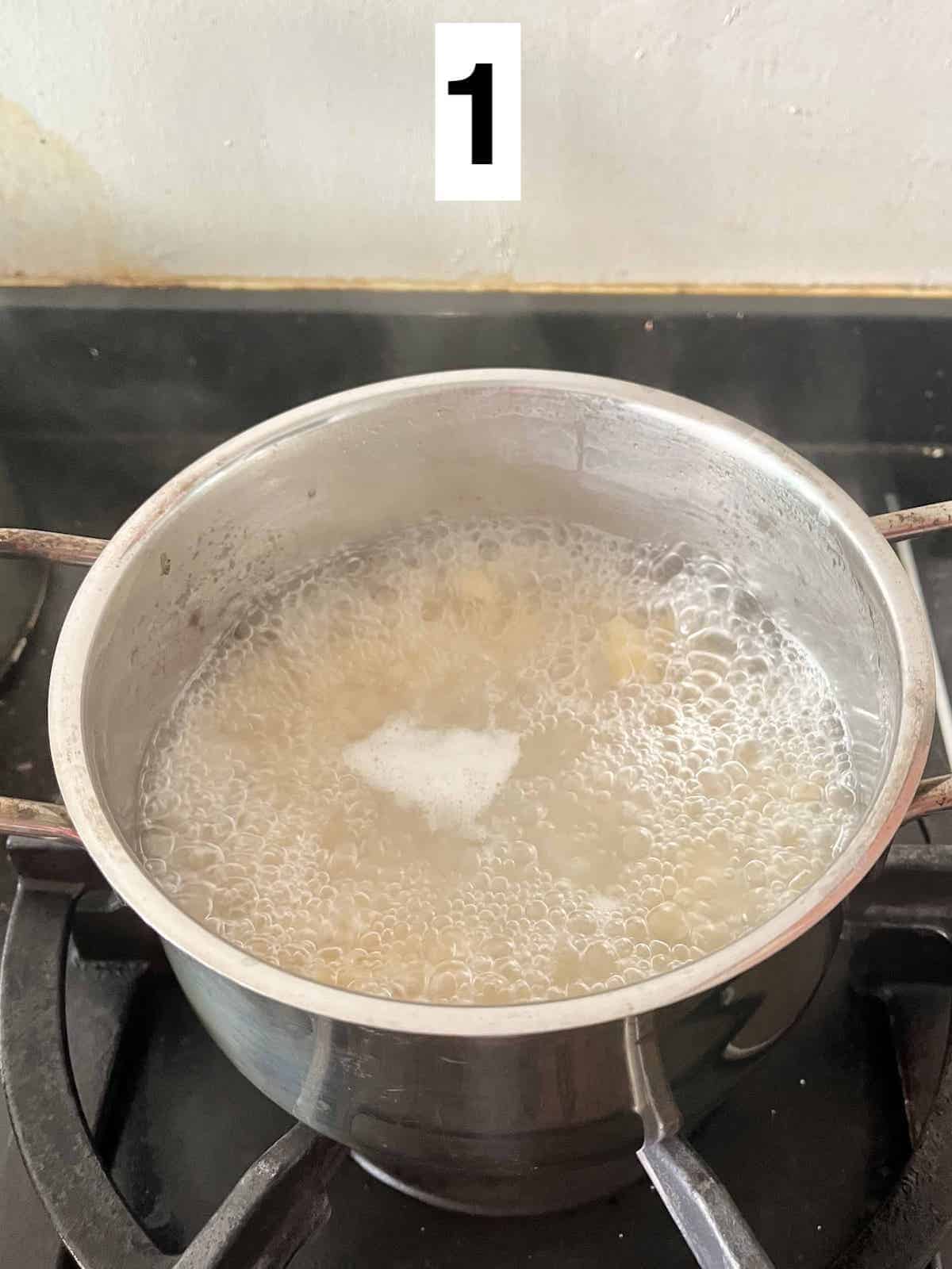 A pot of boiling macaroni.
