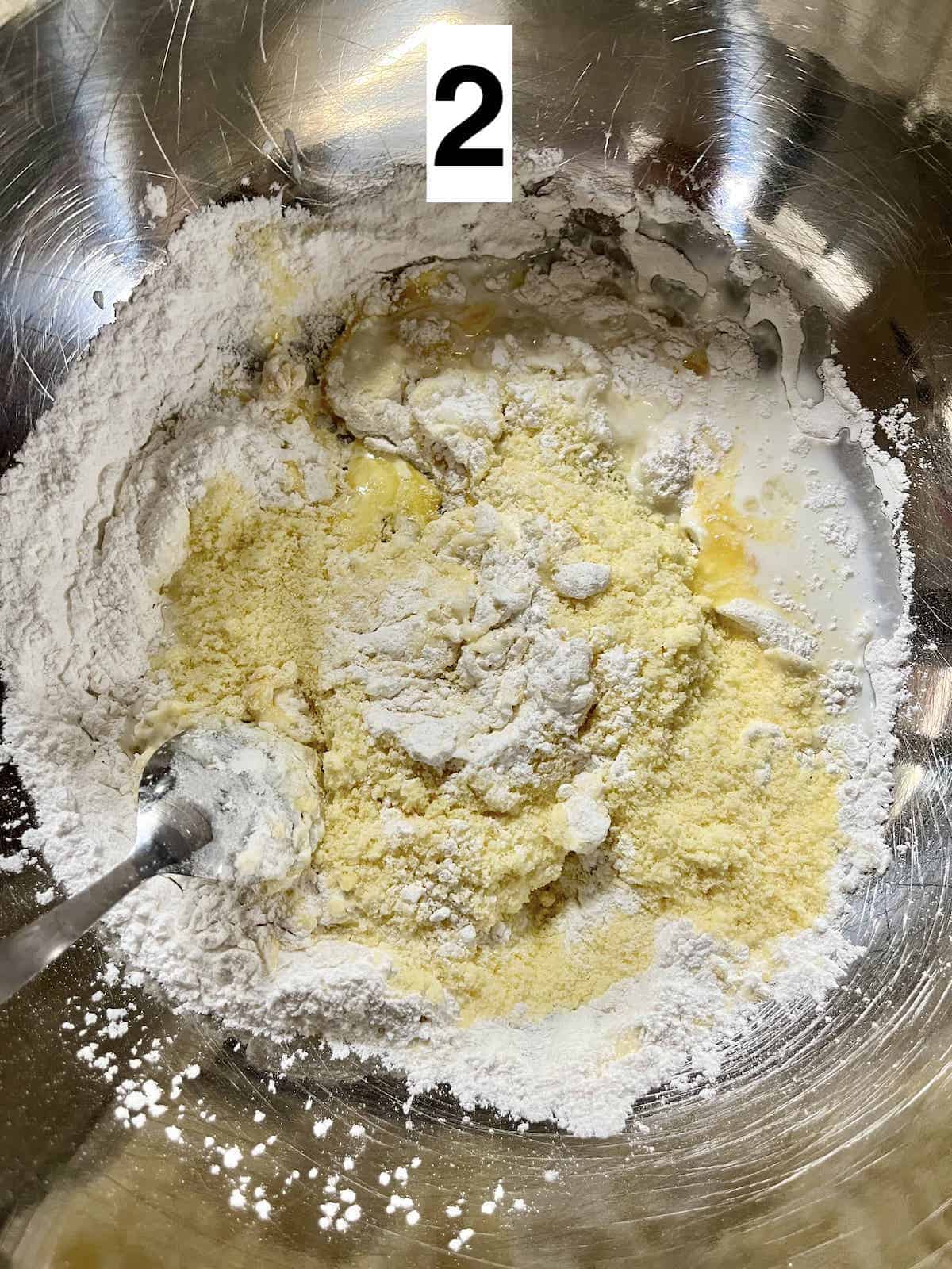 Mixing dry and wet ingredients for a mochi batter.