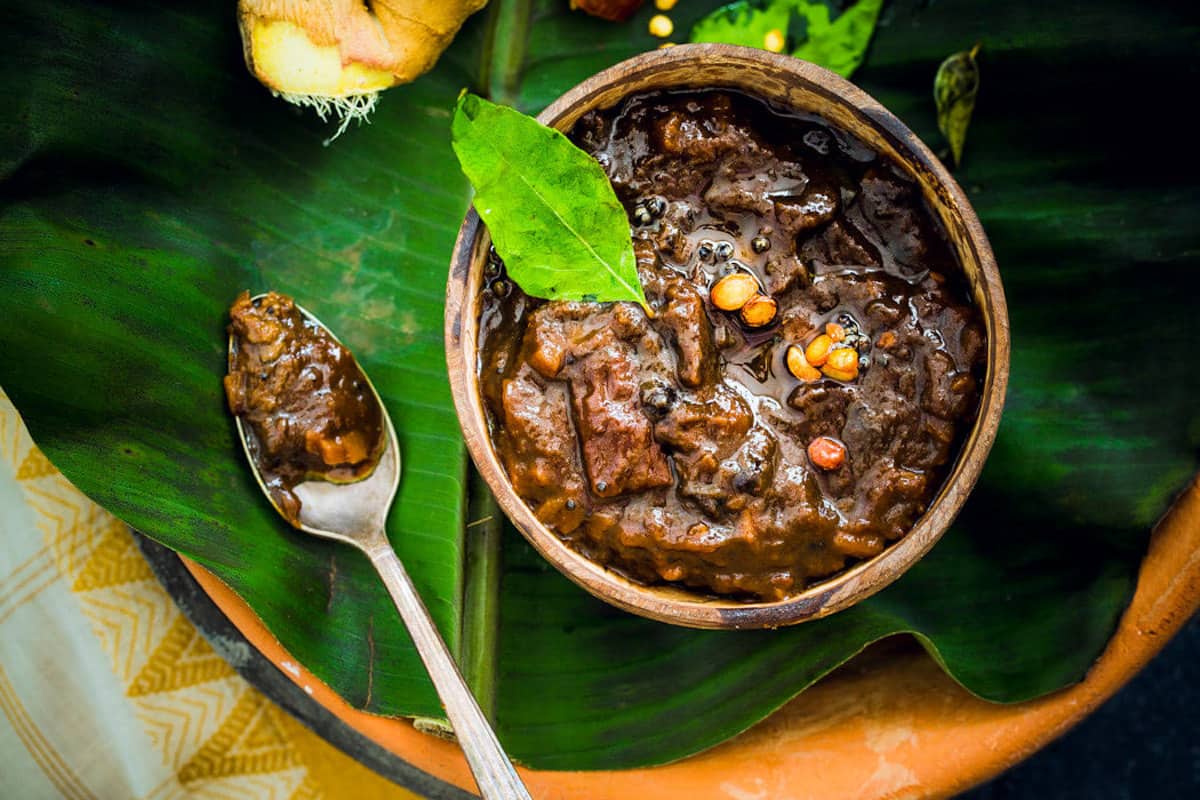 A bowl of Keralan tamarind pickles in a bowl.