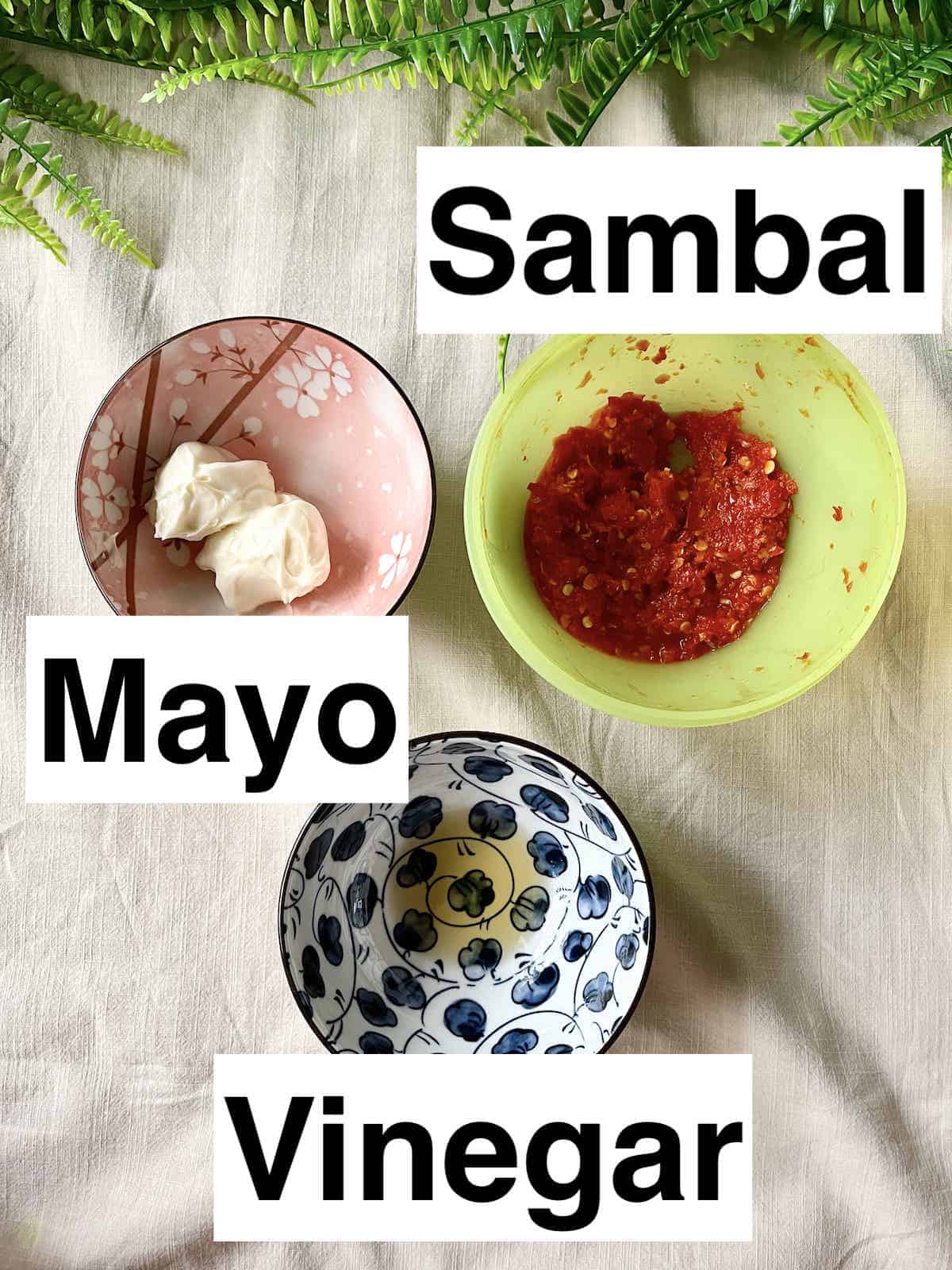 Sambal, mayonnaise and vinegar next to each other.