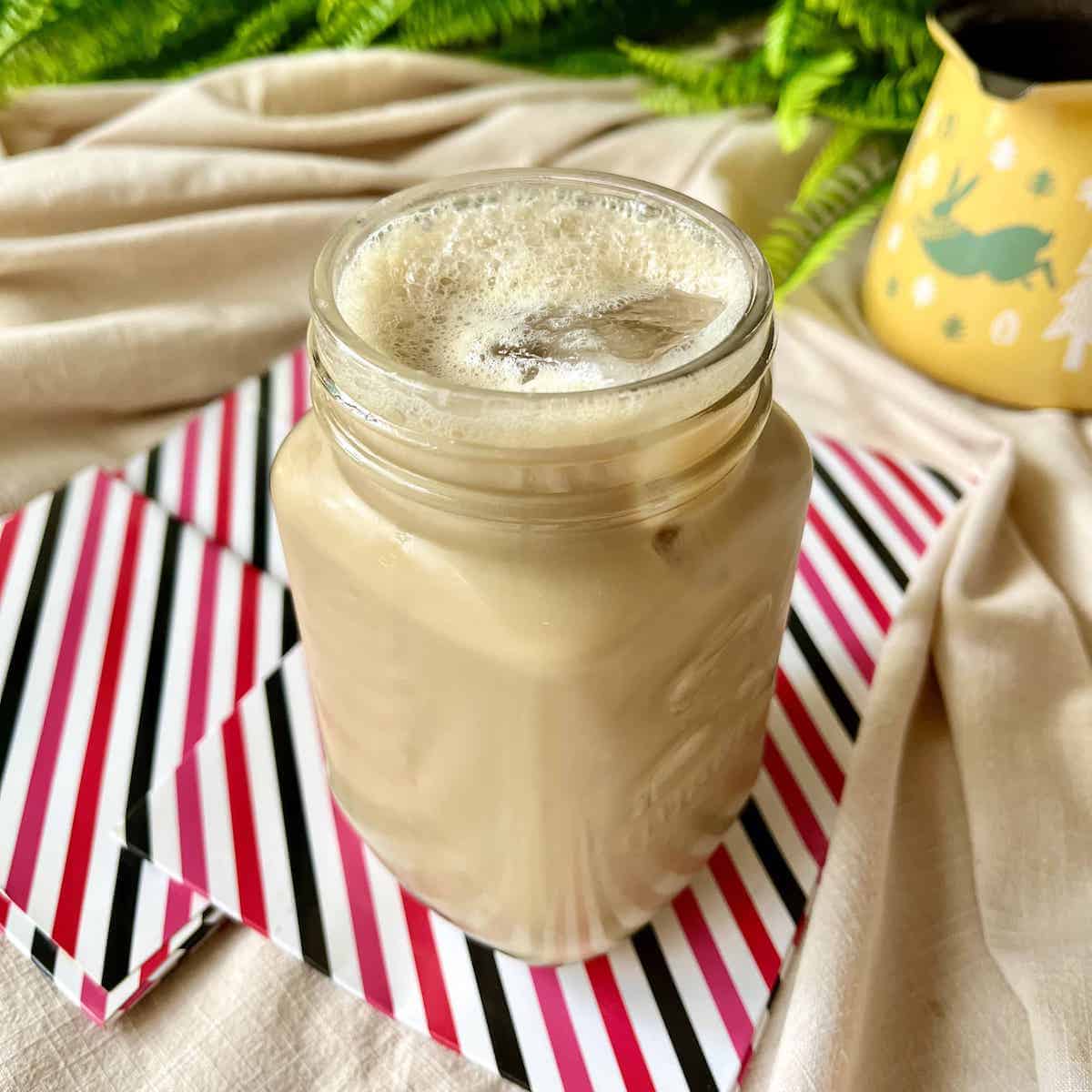 Close-up of a homemade white chocolate mocha with ice.