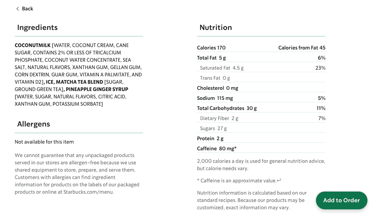 Screenshot of the ingredient page for Starbucks pineapple matcha.