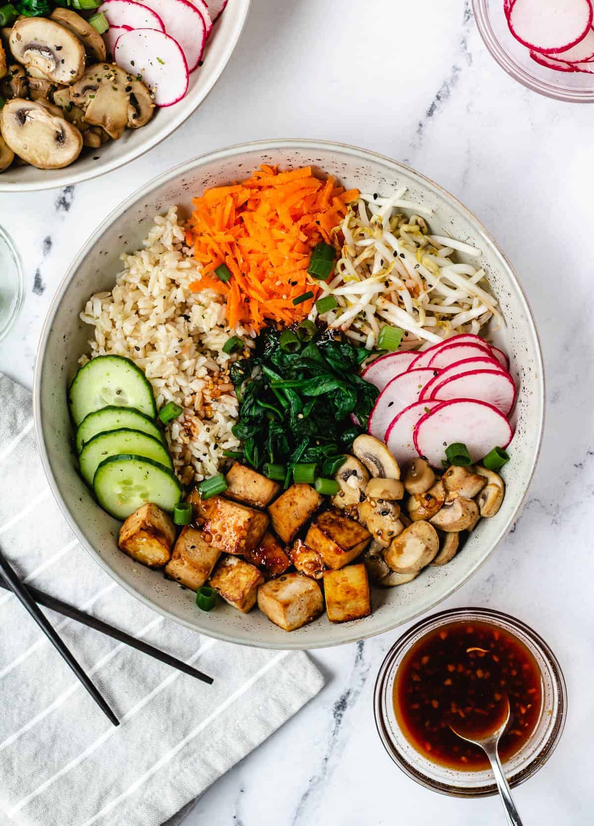 A colourful bowl of bibimbap rice.