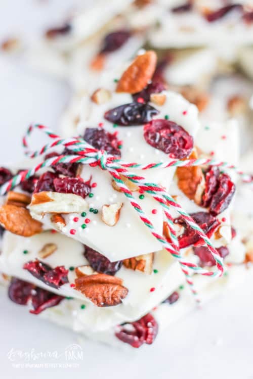 A few slices of white chocolate bark studded with dried fruits tied up with colourful string