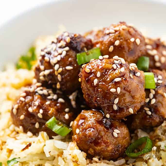 A pile of Asian Turkey meatballs on rice