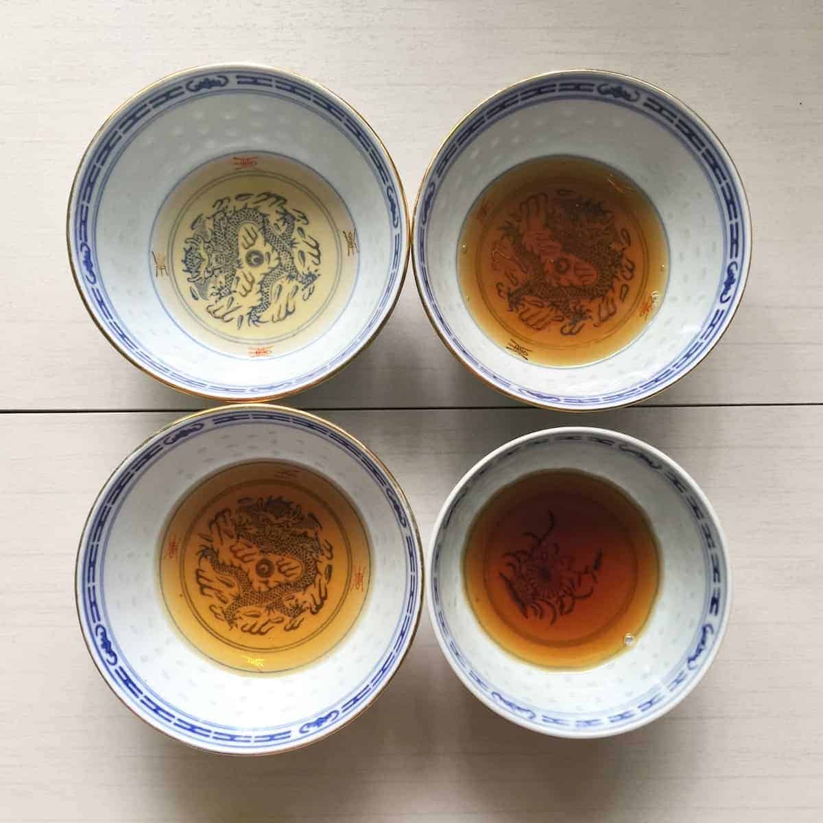 4 Cups of red dates, ginger, wolfberries and dried longan tea, brewed for different periods of time