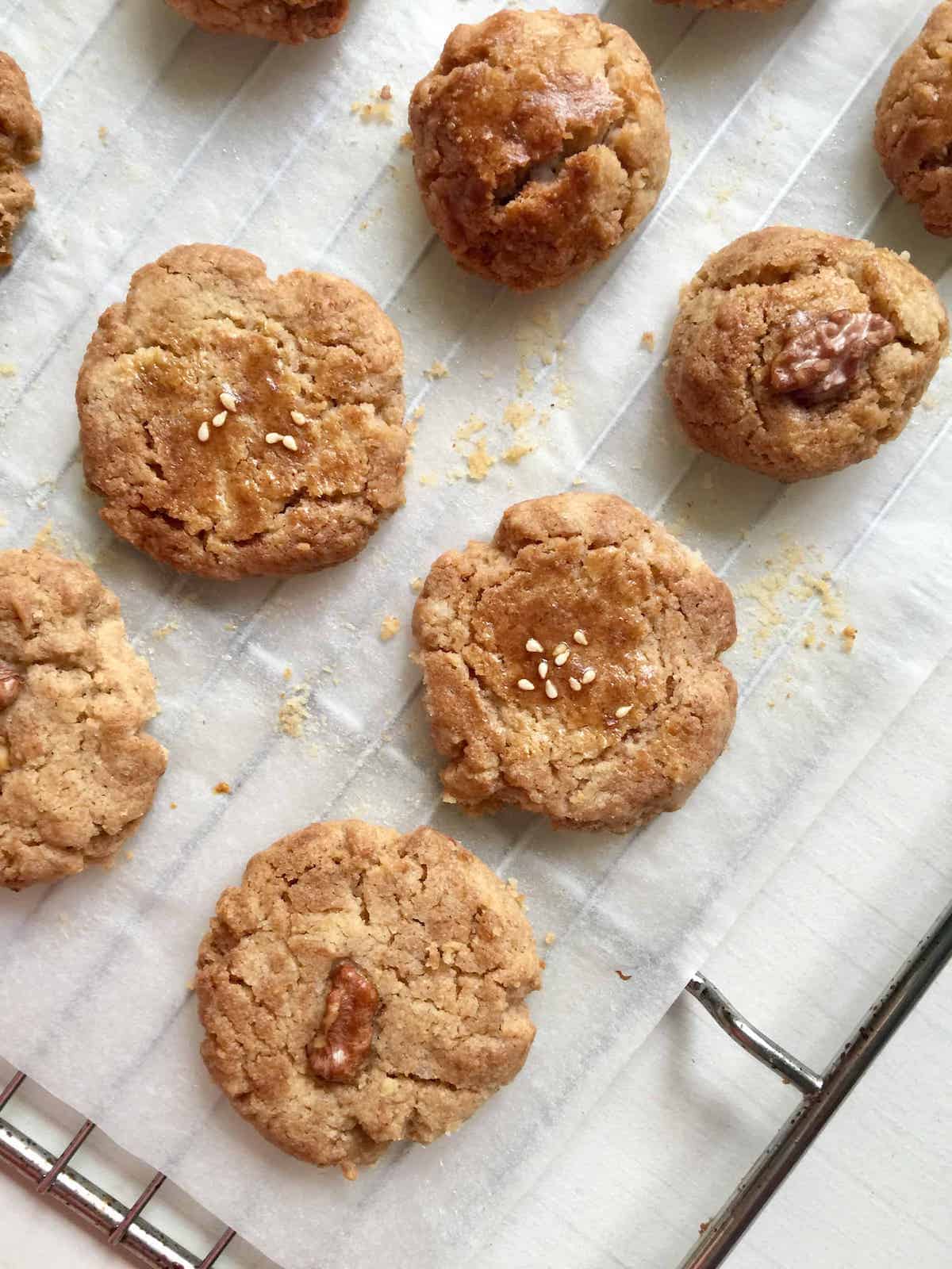 Traditional flat shaped Chinese walnut cookies vs smaller round ones