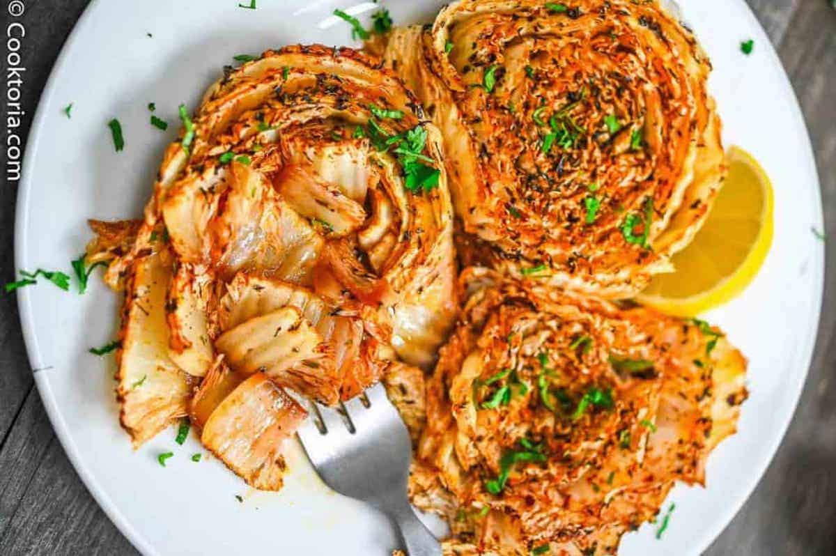 Close-up of 3 napa cabbage steaks