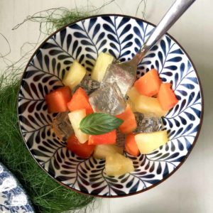 Japanese konnyaku jelly with cut fruits salad