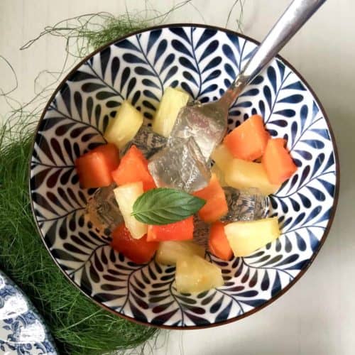 Japanese konnyaku jelly with cut fruits salad