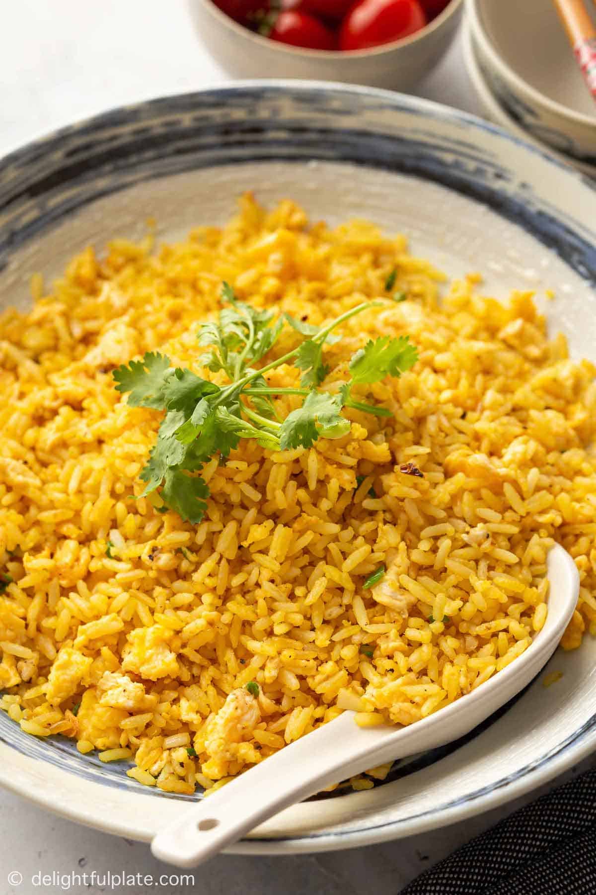 A close-up of salted egg fried rice with golden grains